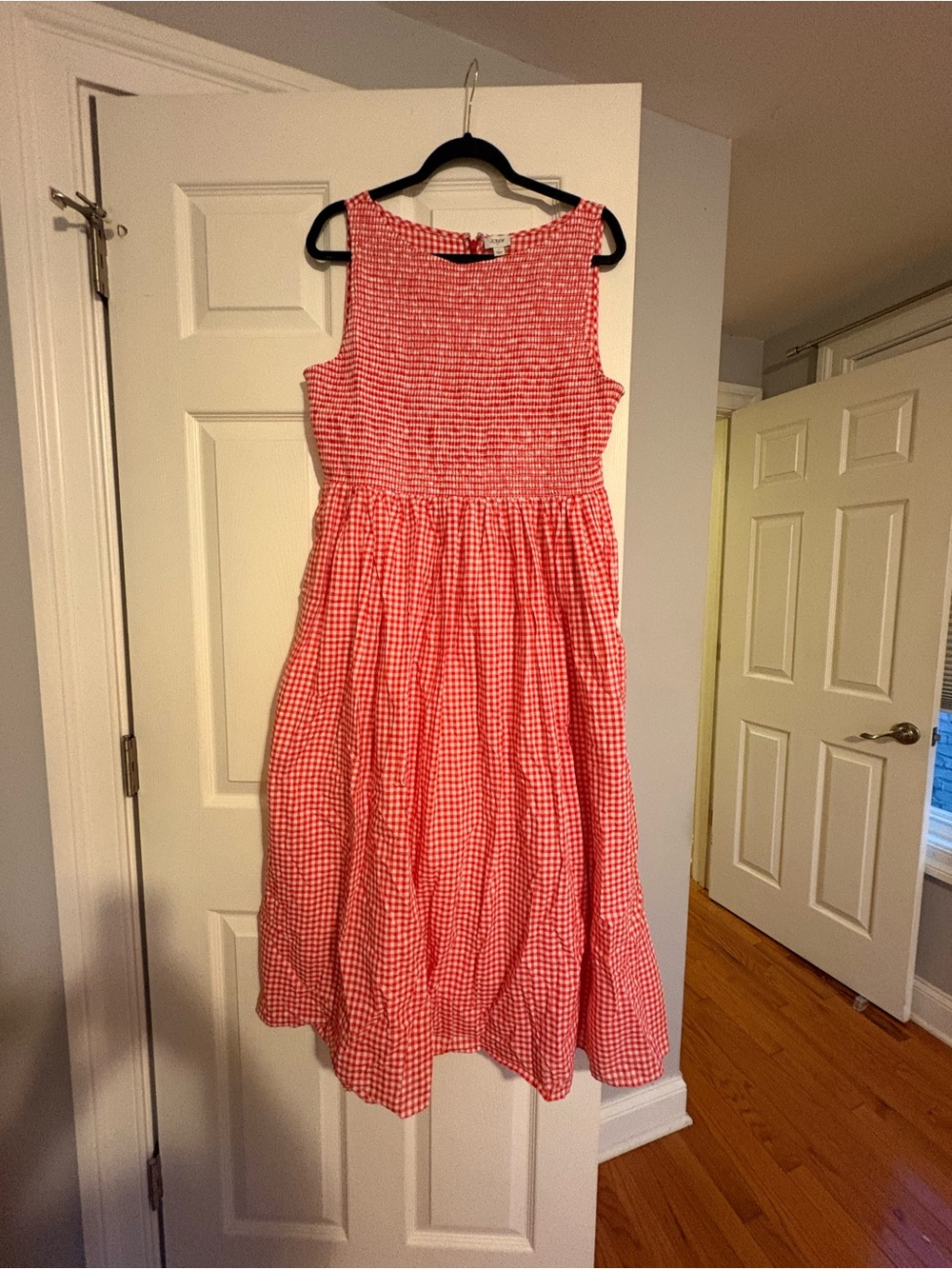 NWT J Crew 100% Cotton Smocked Boatneck Midi dress red gingham